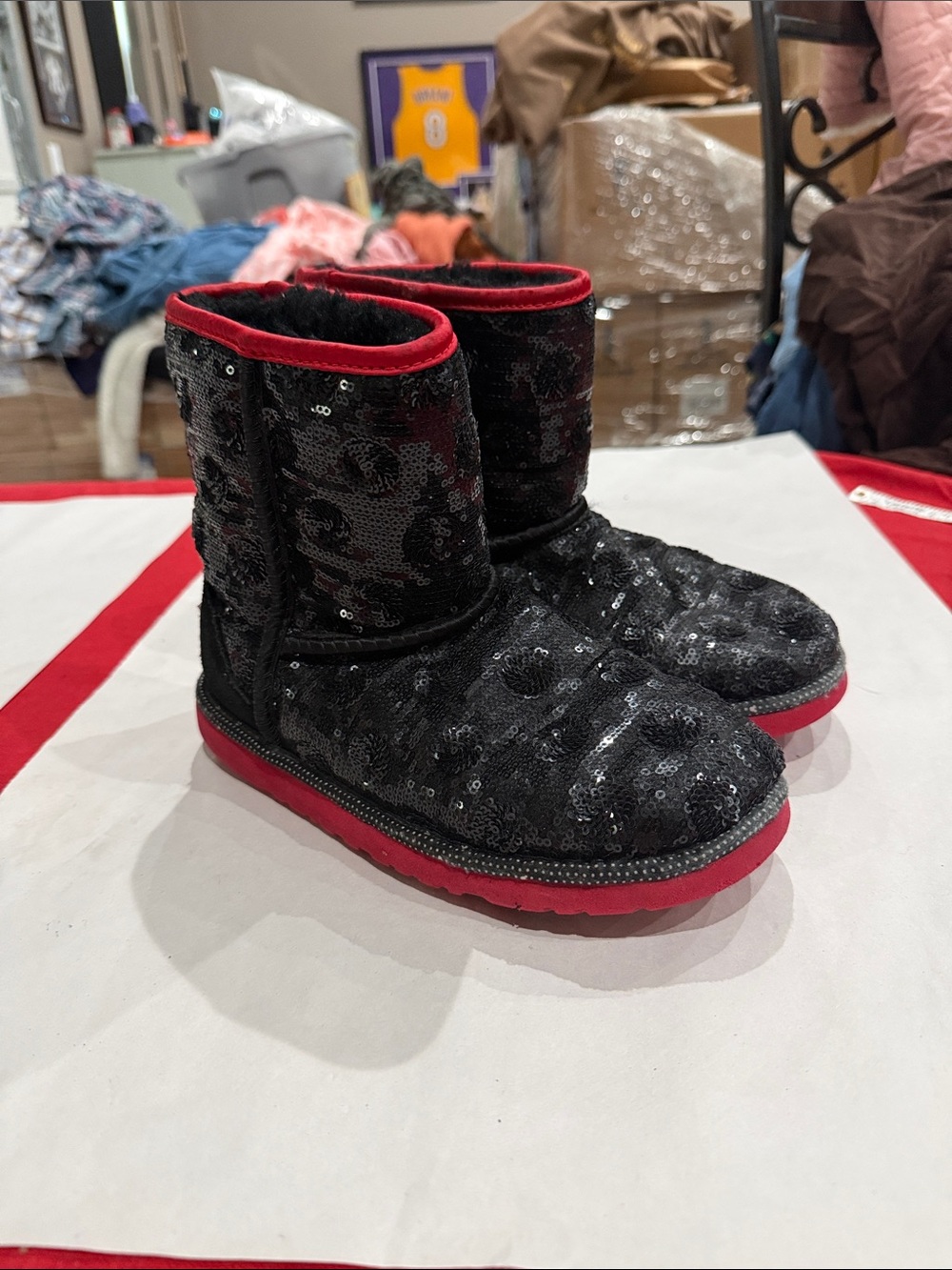 UGG Disney Kids Black Sequin Boots with Red Trim